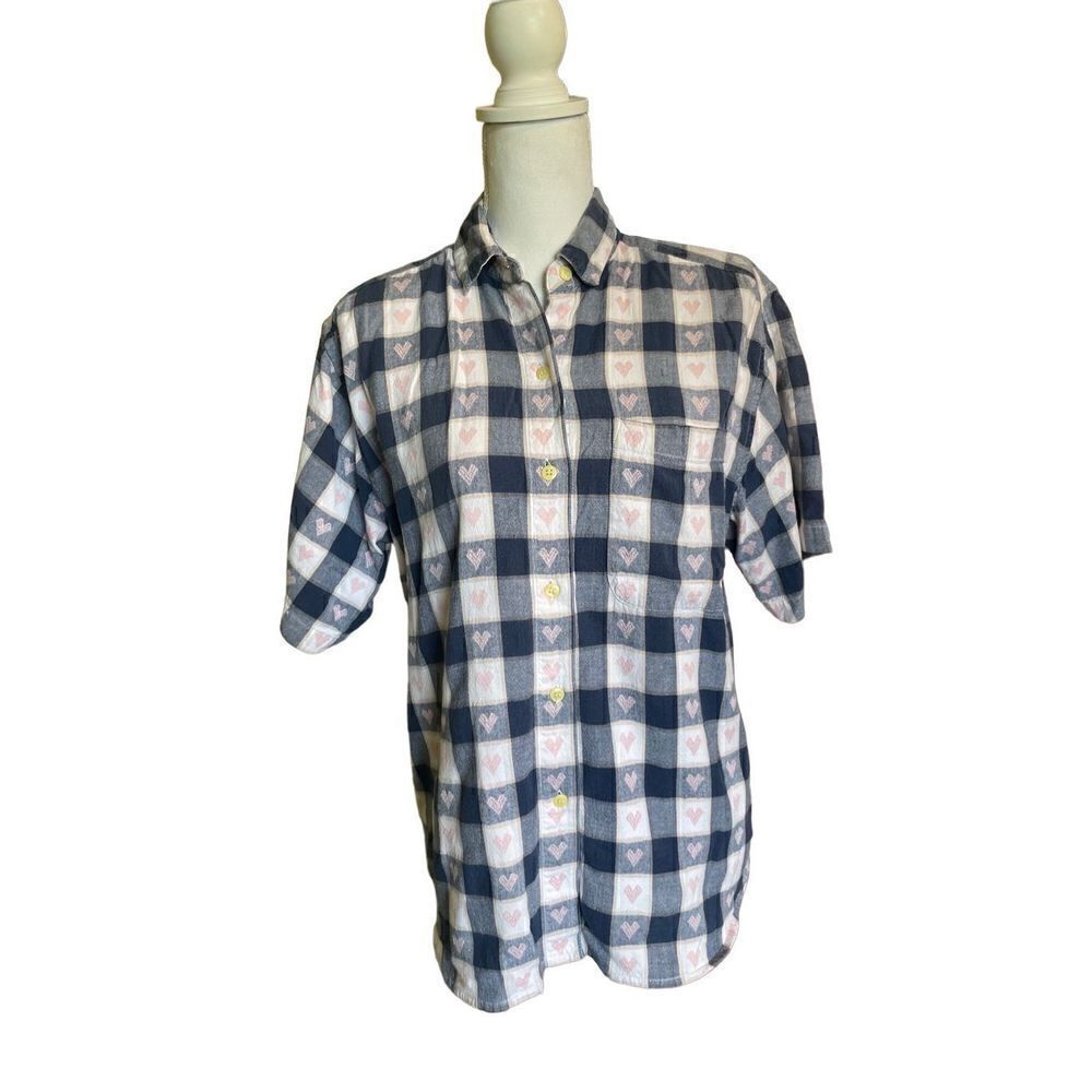 Company One Women’s Vintage Blue Checked Hearts Button-Up Blouse Size Medium